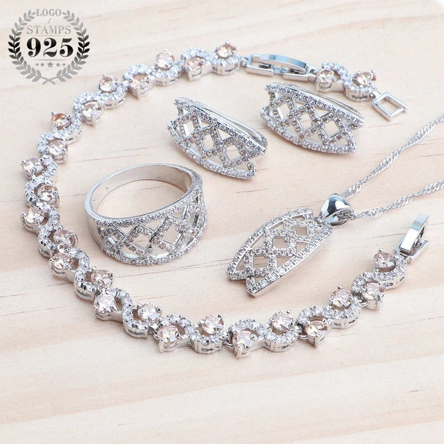 Wedding Jewelry Sets 925 Sterling Silver Rings Bracelets Earrings Pendant Bridal Necklace Set For Women Champagne Zircon Jewelry