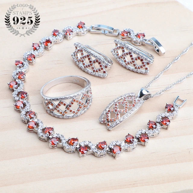 Wedding Jewelry Sets 925 Sterling Silver Rings Bracelets Earrings Pendant Bridal Necklace Set For Women Champagne Zircon Jewelry