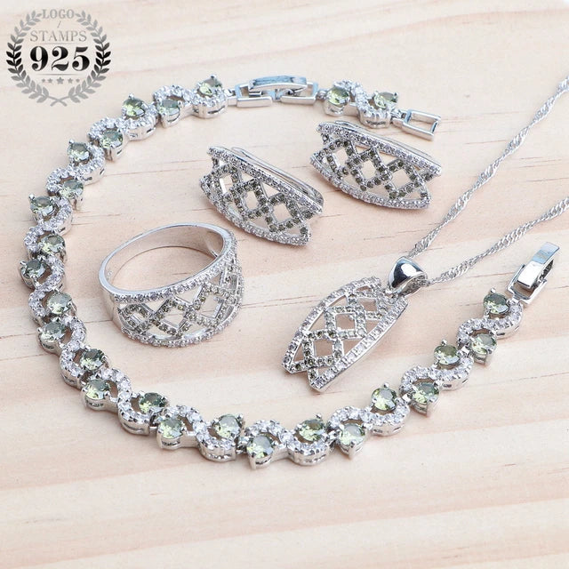 Wedding Jewelry Sets 925 Sterling Silver Rings Bracelets Earrings Pendant Bridal Necklace Set For Women Champagne Zircon Jewelry