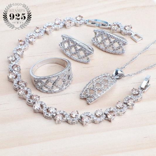 Wedding Jewelry Sets 925 Sterling Silver Rings Bracelets Earrings Pendant Bridal Necklace Set For Women Champagne Zircon Jewelry