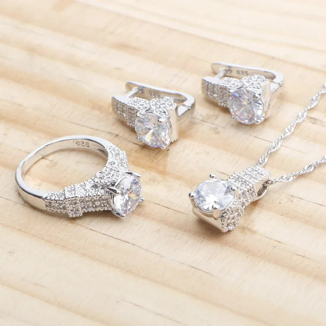 White Zircon Bridal Jewelry Sets 925 Silver Jewelry Wedding Ladies Rings Bracelets Earrings Pendant Necklace For Women Set