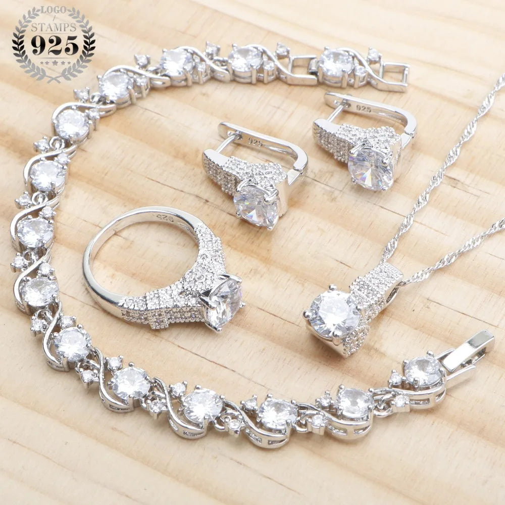 White Zircon Bridal Jewelry Sets 925 Silver Jewelry Wedding Ladies Rings Bracelets Earrings Pendant Necklace For Women Set